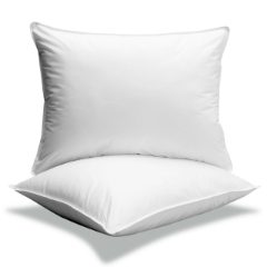 Two plump white pillows with piped edges, one propped against the other, on a plain white background
