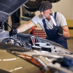 Mechanic in a cap and dungarees shining a slim black LED inspection lamp into a car engine bay