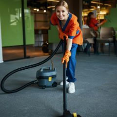 Smiling cleaner in an orange tunic vacuuming an office carpet, a slate-blue tub vacuum with a dark lid on the floor behind her