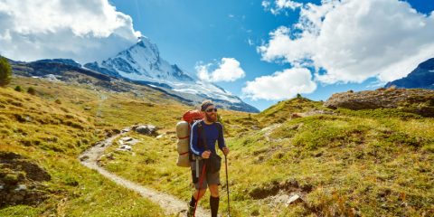 A hiker with trekking poles on a grassy Alpine path below a snowy peak