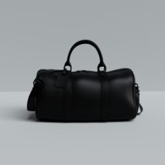A black barrel duffel bag on a pale grey background