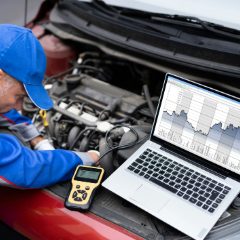 A mechanic with a yellow handheld code reader plugged in beside a laptop