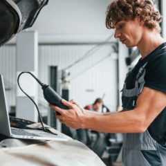 A mechanic reading a handheld code reader plugged into a car