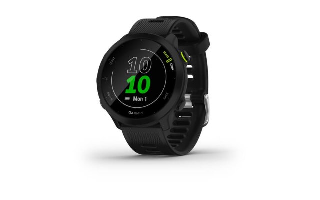 A black Garmin Forerunner running watch with a black strap
