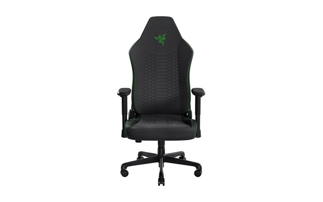Black Razer Iskur V2 X fabric gaming chair with green piping, seen from the front