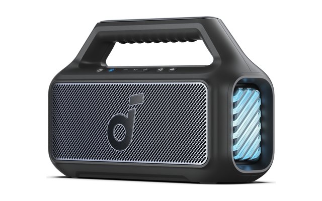 Black soundcore Boom 2 outdoor speaker with a carry handle and a lit side panel