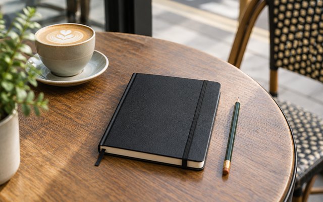 Moleskine large sketchbook, on a small café table in a British high-street café beside a flat white and a pencil