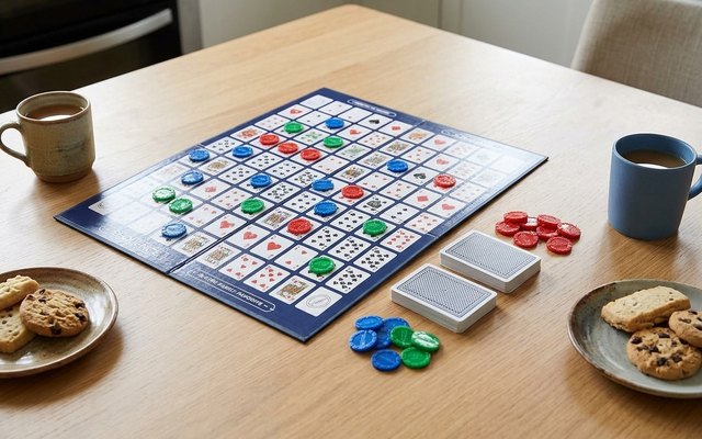 Sequence, the board with coloured chips mid-game on a kitchen table