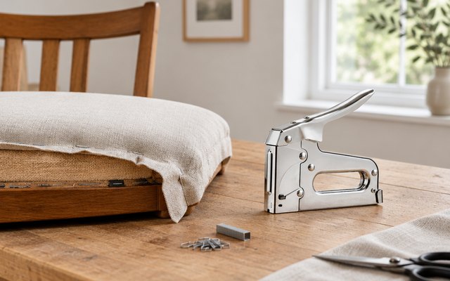 Arrow T50 staple gun, on a workbench beside a half re-covered dining chair seat