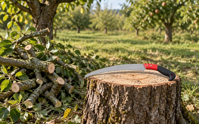 Corona RazorTOOTH Pruning Saw, curved pruning saw resting on a freshly cut tree stump in an orchard, a small pile of sawn branches nearby