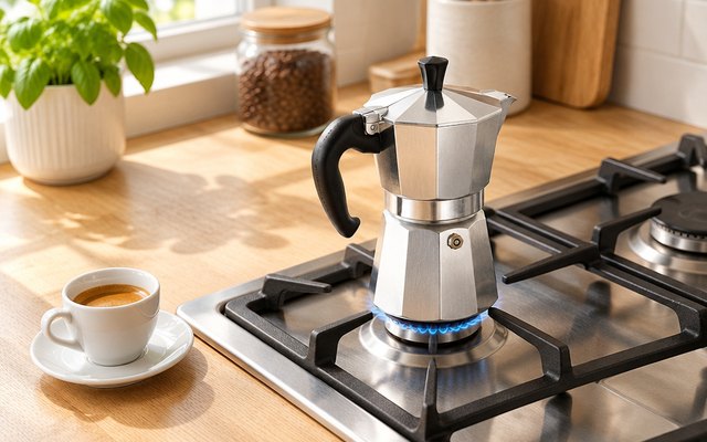 Bialetti Moka Express 6-cup, moka pot on a gas stove in a bright kitchen