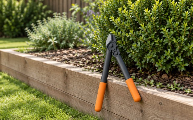 Fiskars PowerGear loppers, resting on the edge of a raised bed beside a neatly pruned shrub