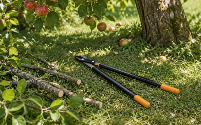 Fiskars PowerGear loppers, lying on the grass beneath an apple tree beside a few cut branches