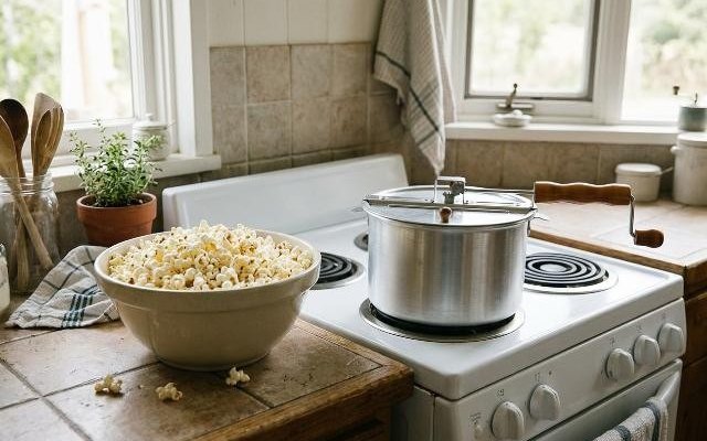 Aluminum stovetop popcorn popper with a crank lid on a stove burner beside a bowl of popcorn