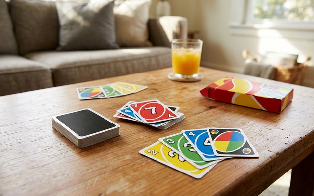 Coloured number cards, a fanned hand and a discard pile on a living-room coffee table
