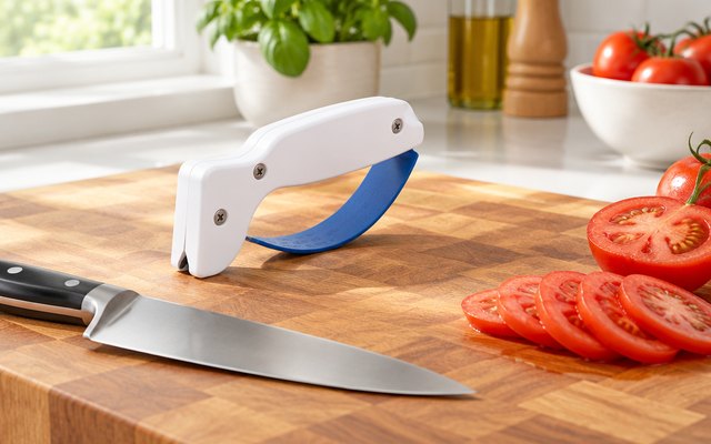 Handheld knife sharpener, on a butcher-block cutting board beside a chef's knife and a few sliced tomatoes in a bright American kitchen