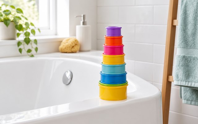 Set of stacking cups, stacked into a tower on the edge of a white bathtub in a bright bathroom