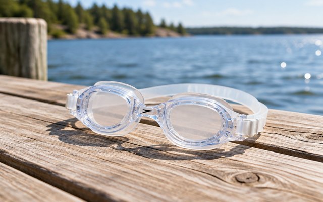 Speedo Hydrospex Classic Swim Goggles, on a wooden dock beside a lake