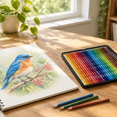 Prismacolor Premier coloured pencils, spread beside a sketchbook with a coloured-pencil drawing of a songbird on a drafting desk in a sunny art room