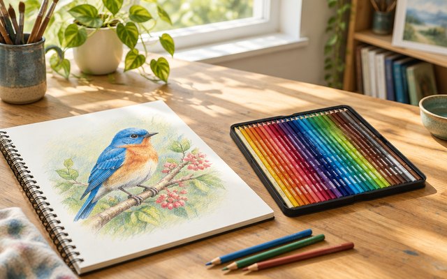Prismacolor Premier coloured pencils, spread beside a sketchbook with a coloured-pencil drawing of a songbird on a drafting desk in a sunny art room