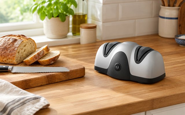 Electric knife sharpener, on a farmhouse kitchen counter beside a cutting board with a loaf of bread