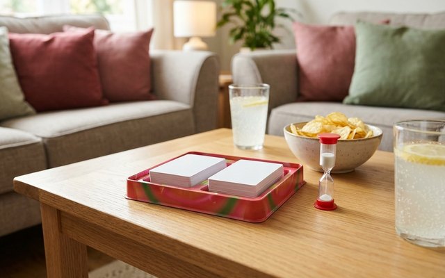 Articulate’s word cards and sand timer on a coffee table set for a party