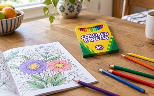 Crayola colored pencils, beside a coloring book on a kitchen table