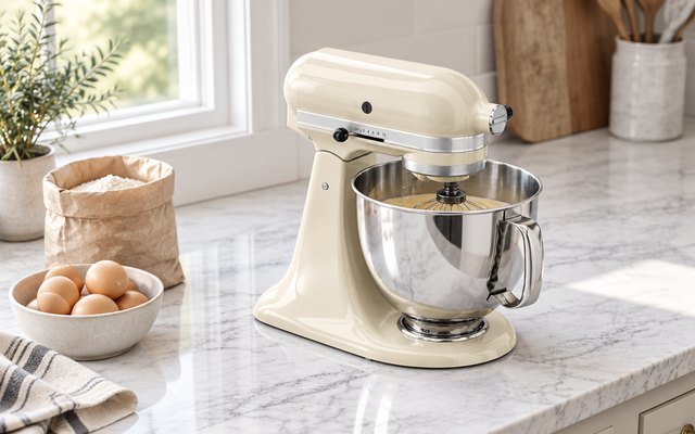 KitchenAid Artisan stand mixer, on a white marble counter beside a bowl of eggs and a bag of flour