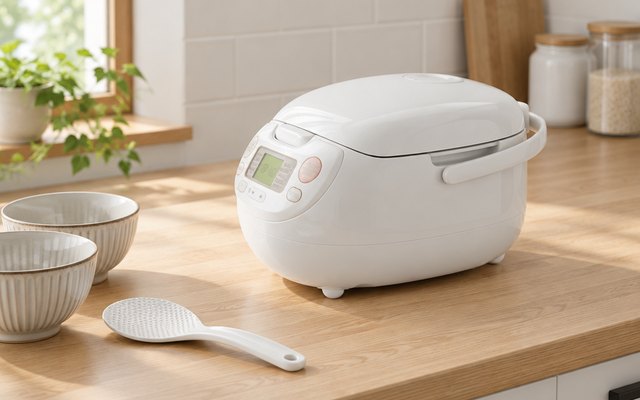 Zojirushi NS-ZCC10 rice cooker, on a light wood kitchen counter beside a rice paddle and a pair of rice bowls