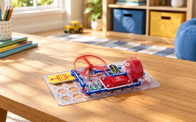 Snap Circuits Jr. kit, on a low wooden table in a sunny playroom