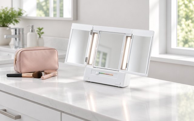 Jerdon tri-fold lighted mirror, on a white bathroom vanity beside a small makeup bag