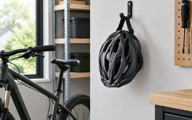 Schwinn Thrasher helmet, hanging on a hook in a tidy garage next to a bicycle
