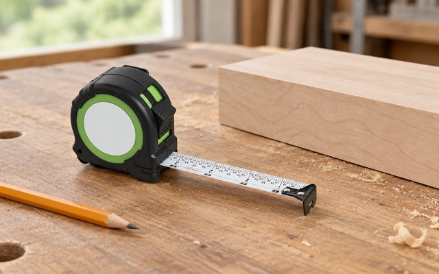FastCap ProCarpenter tape measure, on a woodworking bench beside a block of maple and a pencil