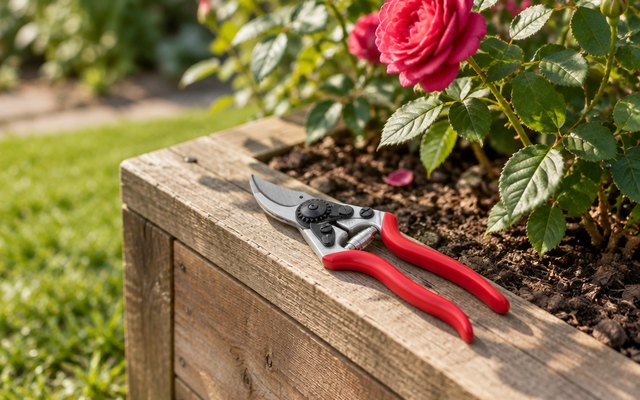 FELCO F6 pruning shears, resting on the edge of a wooden raised garden bed beside a rosebush
