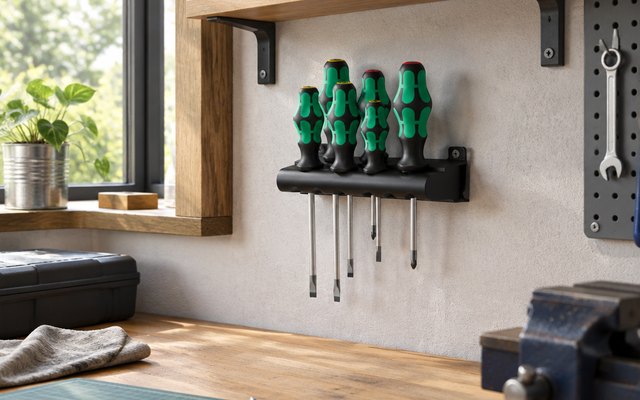 Wera Kraftform Plus 6-piece screwdriver set, on a workshop wall shelf above a workbench