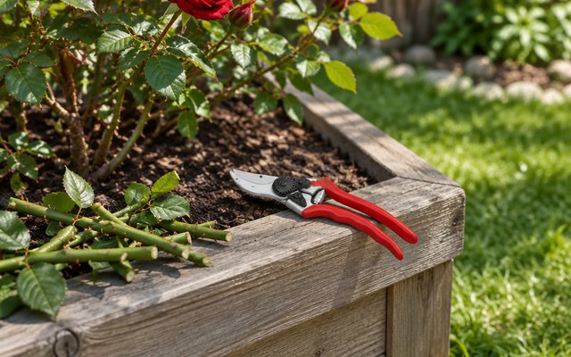 FELCO F2 pruning shears, resting on the edge of a raised garden bed beside rose cuttings in a backyard garden