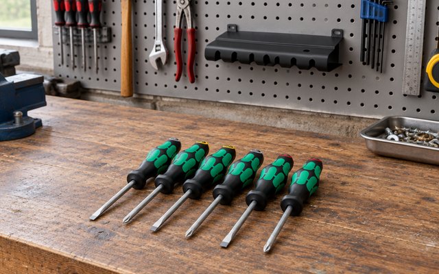 Wera screwdriver set, six screwdrivers laid on a workbench in a garage workshop