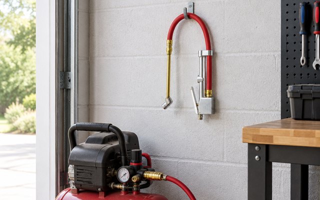 Dual-head tire inflator gauge, with its air hose attached, hanging on a hook on a garage wall above an air compressor, physically realistic