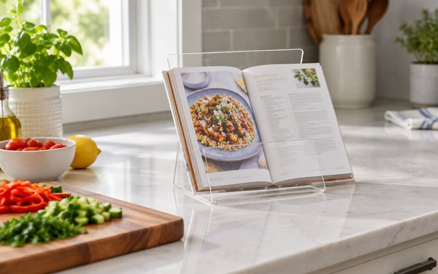 Norpro clear cookbook holder on a kitchen counter