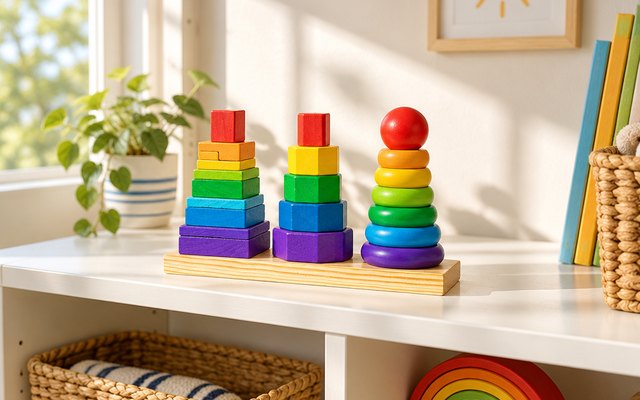 Melissa & Doug Geometric Stacker, three stacks of shapes on its long wooden base, on a low shelf in a bright playroom