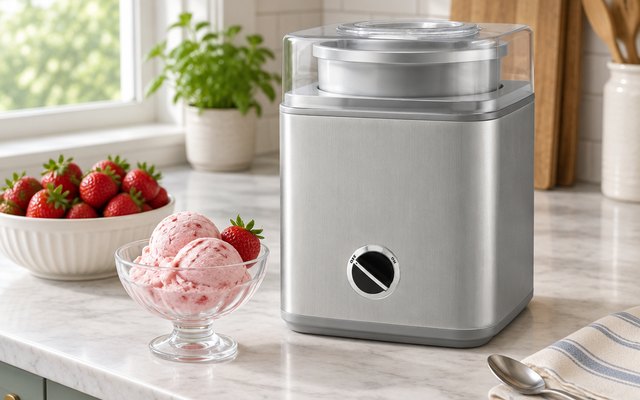 Cuisinart Pure Indulgence 2-Quart Ice Cream Maker, ice cream maker on a kitchen counter with a bowl of strawberries and two scoops of fresh ice cream in a glass