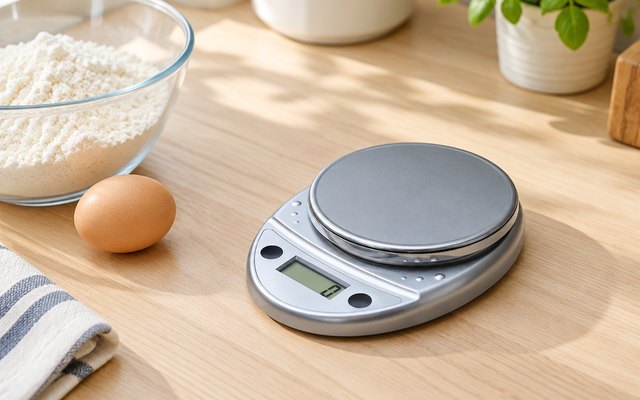 Escali Primo kitchen scale, on a wooden counter beside a bowl of flour