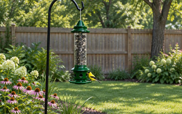 Squirrel Buster Plus bird feeder, hanging from a black shepherd's hook in a backyard flower bed, a lawn and a wooden fence behind, a songbird perched on it