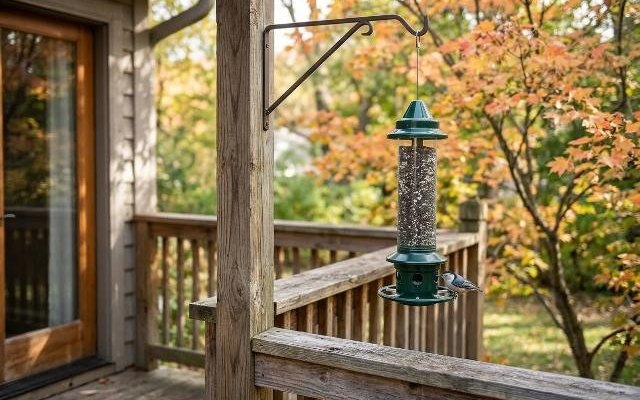 Green squirrel-proof tube feeder with a clear seed tube hanging from a deck railing bracket in early autumn