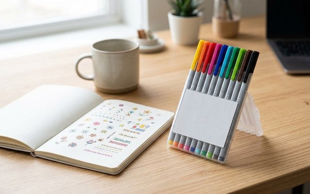 Ten coloured fineliner pens in their stand-up case beside an open notebook of doodles and a mug