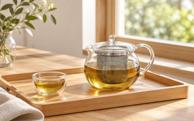 Hario ChaCha Maru glass teapot, on a wooden tray by a window
