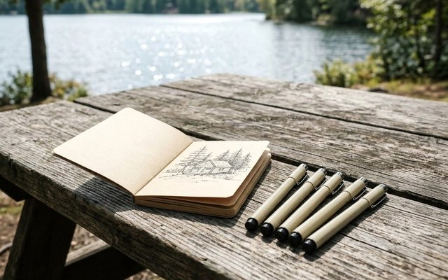 Beige fineliner pens beside a small sketchbook with an ink drawing of a cabin, on a picnic table by a lake