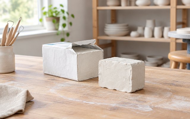 AMACO air dry clay, on a worktable in a bright classroom pottery studio