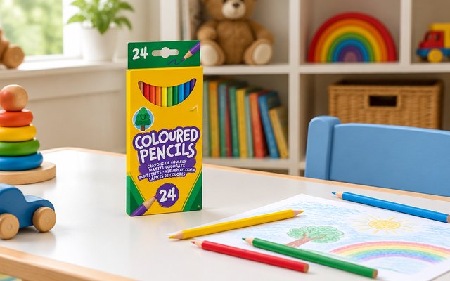 Colouring pencils, on a low children's play table in a playroom, a few pencils out on a sheet of drawing paper, toys on a shelf behind