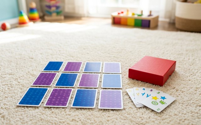 A grid of face-down cards and a small fanned hand on a cream playroom rug beside a red box